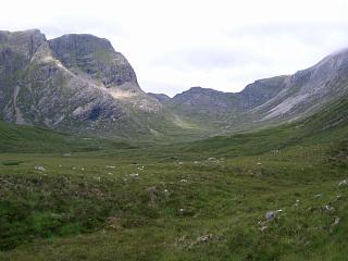 Glen Lair: Beinn Liath Mhor on right, Sgorr Ruadh on left.
Col with lochan for ascent is straight ahead.